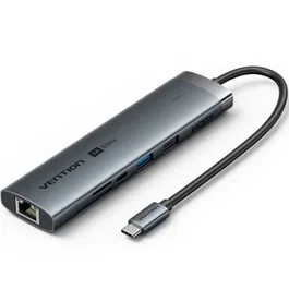 Vention TGUHB Dock USB-C 8-en-1 con HDMI 4K@60Hz, RJ45 Gigabit, 100W PD, 2xUSB-A, 2xUSB-C, Lector de Tarjetas - Color Gris Aluminio